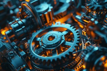 Fototapeta premium Intricate Machinery and Gears in Motion Representing the Inner Workings of Industry, Close-Up Digital Art Depicting Mechanical Precision and Industrial Engineering.