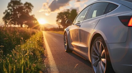 A stylish electric car driving on a scenic road during sunset, with trees and clouds creating a picturesque backdrop.