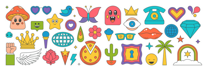 Collection multicolored retro groovy stickers elements decorative design vector illustration