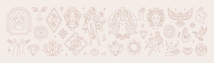 Big set of woman and magic symbols in line art style. Beauty fashion esoteric concepts.