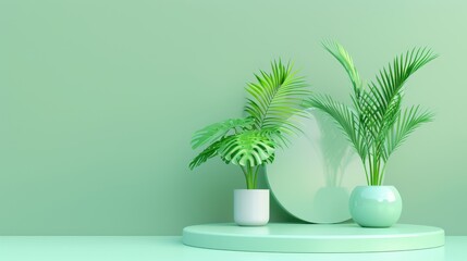Fototapeta premium Green podium product presentation stage with light pastel wall background, simple pedestal floor stand, 3D render.