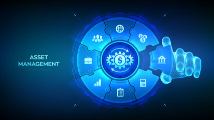 Asset management. Business investment banking payment technology concept on virutal screen. Wireframe hand places an element into a composition visualizing Asset management. Vector illustration.