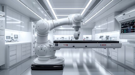 A state-of-the-art robotic arm assists surgeons in the operating room, seamlessly integrating human expertise and AI technology to ensure precision during delicate procedures. 
