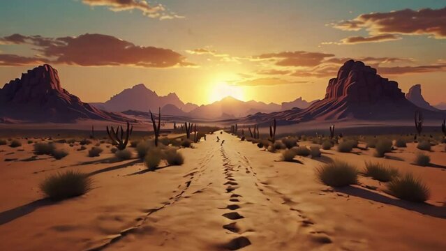 Sunset Over a Desert Landscape with Footprints Leading to the Horizon