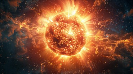 Fototapeta premium A stunning depiction of a celestial explosion in space, showcasing intense flames, sparks, and vibrant colors.
