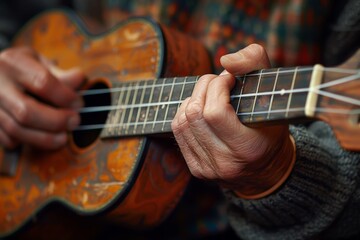 Obraz premium Close-up of an elderly person's hands expertly playing a wooden ukulele, capturing the intricate details and textures of the instrument