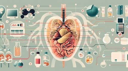 An illustration of a cross-section of a diseased organ, highlighting the affected areas and potential treatment pathways, surrounded by medical equipment and medication options