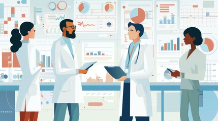 An illustration of a medical team discussing treatment plans for a complex disease, with charts, graphs, and medical equipment in the background, emphasizing collaboration and expertise