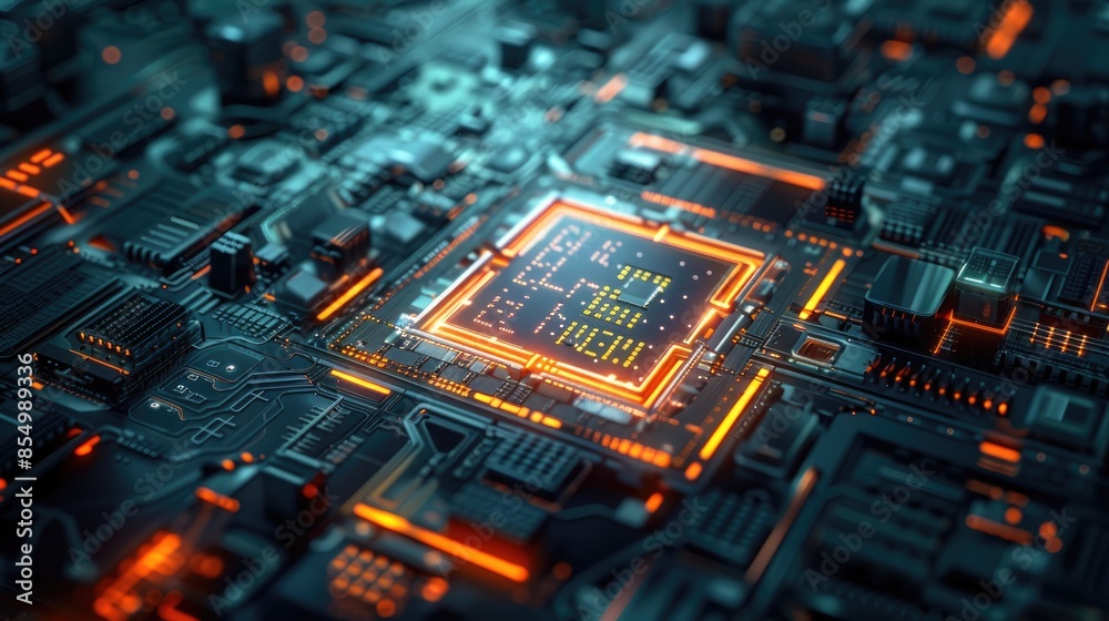 Poster quantum computer concept: futuristic design with abstract elements, illustrating the cutting-edge ad