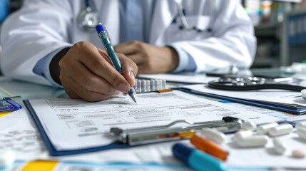 Fototapeta premium A doctor writing a prescription for a patient, with medical equipment and treatment guidelines visible in the background, illustrating the process of prescribing medication in a clinical setting