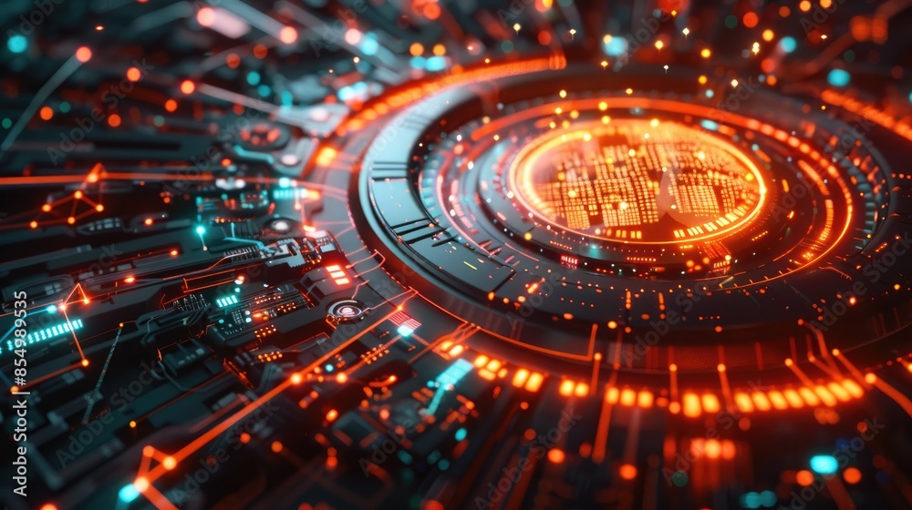 Poster quantum computer concept: futuristic design with abstract elements, illustrating the cutting-edge ad