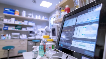 An examination room with a doctor reviewing test results on a digital screen, medical equipment in the background, and various medicines and treatment options displayed
