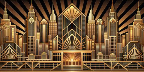 A stylized representation of a cityscape features an array of skyscrapers with Art Deco designs under a radiating background pattern. Prominent gold and black hues give the image a luxurious.AI genera