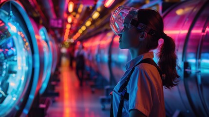 Obraz premium A woman wearing a VR headset stands in a futuristic, neon-lit environment, exploring a virtual world.