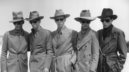 A group of stylish men wearing vintage double-breasted suits and wide-brimmed hats, exuding a classic suave elegance with a touch of mystery