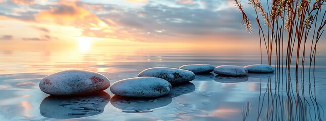Tranquil Sunset with Stepping Stones in the Water