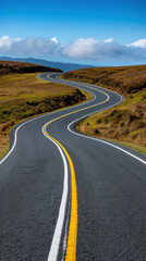 Obraz premium A long, curvy road with yellow lines and a blue sky in the background
