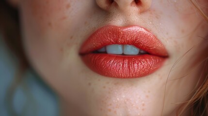 Naklejka premium A high-definition close-up image showcasing the glossy red lips and partial face of a person with lightly freckled skin, highlighting intricate details and textures
