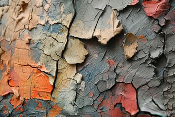 Fototapeta premium Abstract close-up of cracked, multicolored paint on a textured surface showcasing shades of blue, orange, beige, and gray, revealing a weathered yet vibrant aesthetic