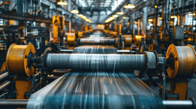 Interior view of a modern textile mill with rows of industrial looms and machinery weaving and producing fabric in an automated manufacturing process - Powered by Adobe