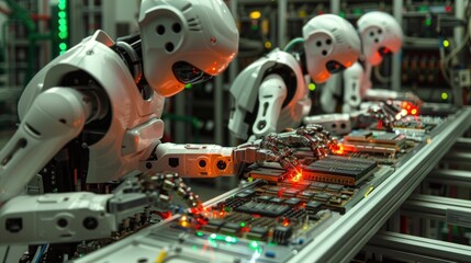 Robotic arms precisely assembling electronic components on a production line in a high tech factory setting showcasing the automation and efficiency of modern manufacturing processes