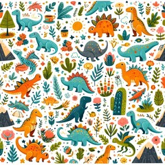 Obraz premium Seamless pattern with different types of cute dinosaurs, background useful for wallpaper, nursery, textile, wrapping paper