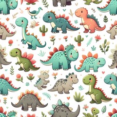 Decorative seamless pattern with different types of cute dinosaurs, background useful for wallpaper, nursery, textile, wrapping paper