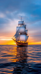 Fototapeta premium A large ship sails on the ocean with the sun setting in the background