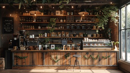 A detailed scene of a cozy, well-organized coffee shop interior adorned with an array of plants, vintage decor, and a well-stocked bar of coffee essentials