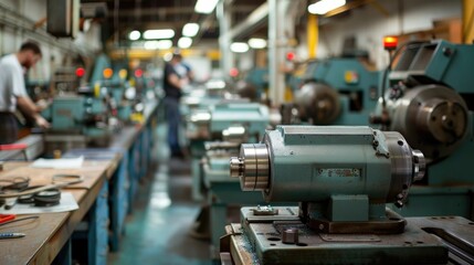 Fototapeta premium Interior view of a busy metalworking shop with workers operating various lathes milling machines and other industrial equipment for the manufacture and fabrication of metal parts and components