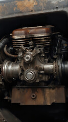 Fototapeta premium a close up of a motorcycle engine with a rusted metal cover