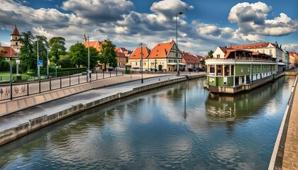 Naklejka premium Tranquil Riverside Scene in a European Town