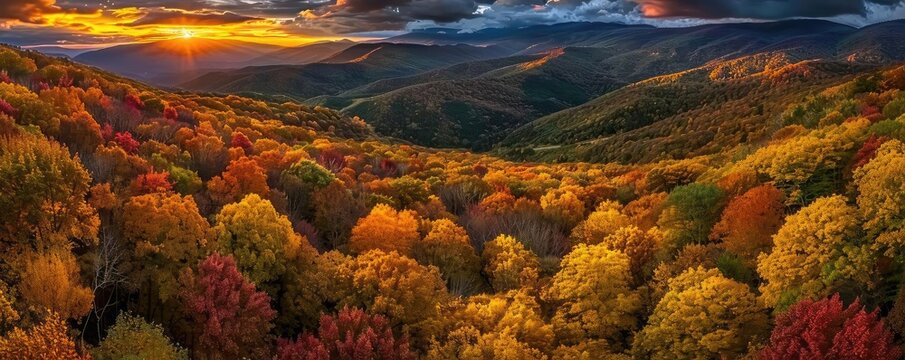 Breathtaking panoramic view of a colorful autumn forest with vibrant foliage under a dramatic sunset sky in a mountainous landscape.