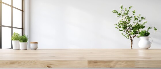 Empty modern wooden kitchen counter, light wood texture, ideal for food display in restaurants or tabletops.