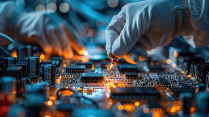 Image showcasing an electronics assembly line with workers carefully soldering and testing various circuit board components