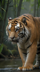 Obraz premium a tiger walking across a puddle of water