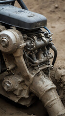 a close up of a motorcycle engine in the mud