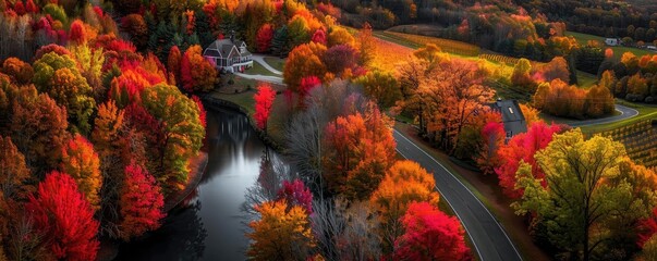 Aerial image of a vibrant autumn landscape with colorful trees, a winding river, and a quaint house in the countryside.