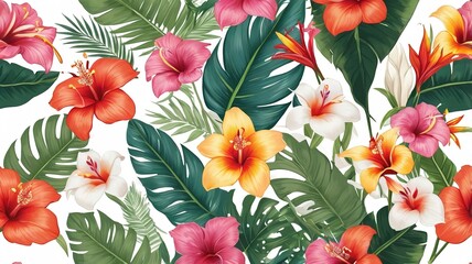 Seamless pattern. Beautiful natural tropical flower bouquet. Vector illustration. Isolated white background