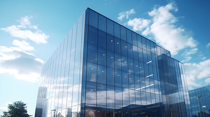 Fototapeta premium A modern glass office building rising against a clear blue sky, reflecting the hustle and bustle of city life below