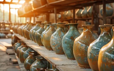 Row of handcrafted ceramic vases in sunlit pottery studio, showcasing unique artistry and traditional craftsmanship.