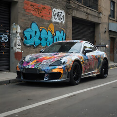 a sports car with graffiti on the side of the road