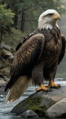 Obraz premium a bald eagle standing on a rock in the water