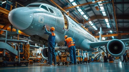 Aerospace manufacturing facility with workers assembling aircraft components and parts in an industrial hangar or workshop  Teamwork and engineering technology in the production process