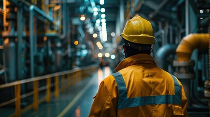 Industrial worker wearing hardhat safety vest and other protective equipment walking through a factory with machinery pipes and steel structures in the background