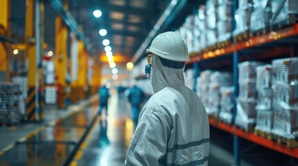 Industrial Factory Safety Protocols Being Followed in a Warehouse Setting with Workers Wearing Protective Uniforms and Navigating the Organized Shelving and Logistics of the Supply Chain Management