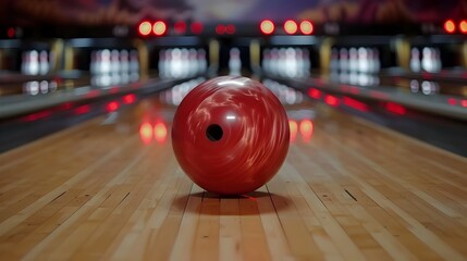 Bowling Ball Striking Pins in Dynamic Motion on Alley