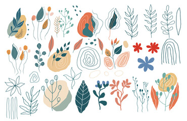 Large set of abstract Memphis plants. Uneven lines, dots and spirals, colored spots. elements for design.