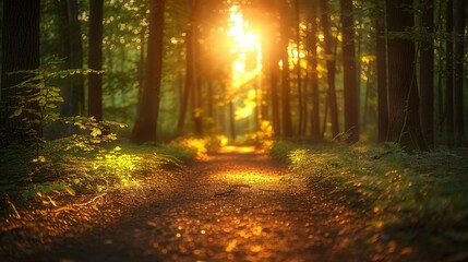 Sunlight filters through a tranquil forest path, illuminating the scenery. Perfect stock photo for nature, tranquility, and forest themes.