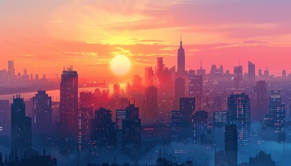 Fototapeta premium Sunset over a city skyline, with a glowing sun and colorful sky, creating a serene and atmospheric urban scene.